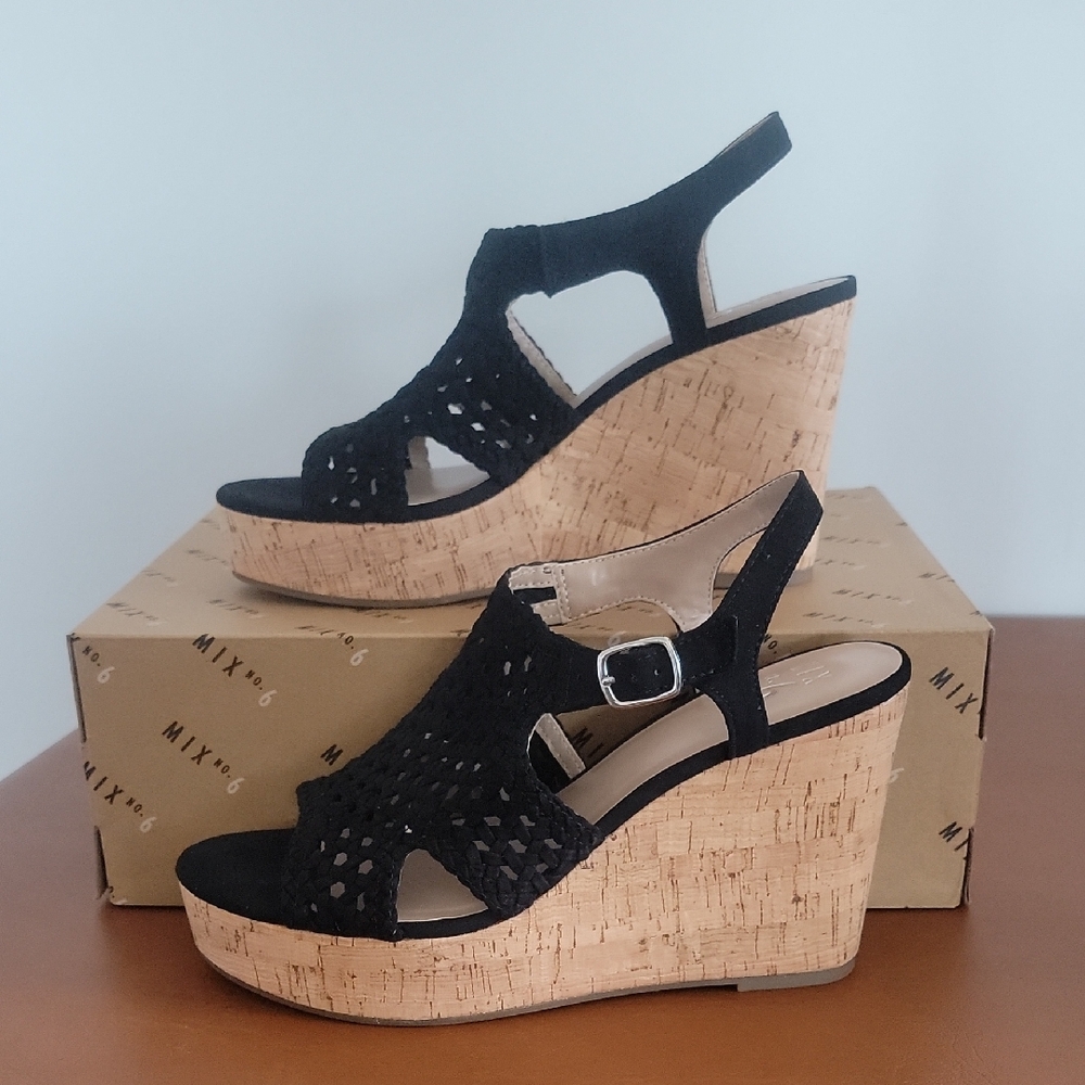 Woman's Mix No. 6 Black and Tan Wedge Sandals
